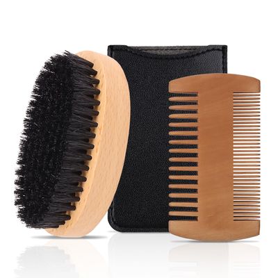 Men&#39;s Beard Brush Kit with Pearwood Comb and Boar Bristle Beard Brush, Beard Grooming Tools for Home and Barbershop