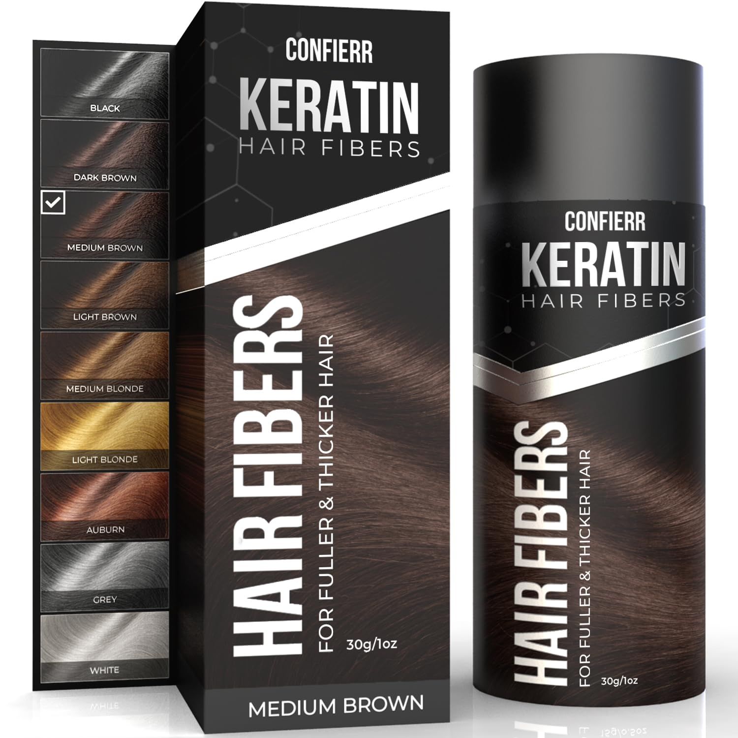 CONFIERR Keratin Hair Fibers for Men Women - Fill In Fine or Thinning Hair, Instantly Thicker, Fuller Looking Hair (Medium Brown 30g)