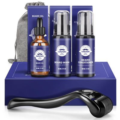 Maple Flora Beard Growth Kit - Derma Roller, Oil (2Oz), Wash, Conditioner, Storage Bag, E-book, Thicker Grooming Care Kit, Mustache Gifts Set for Boyfriend Husband Fathers Dad Men Him