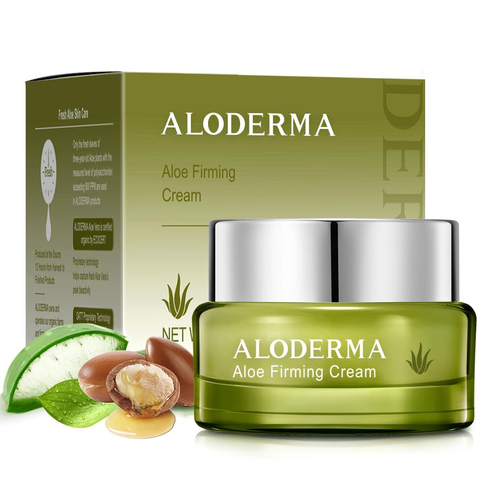 Aloderma Firming Cream for Face and Neck with 62 Organic Aloe Vera - Firming Face Cream with Hyaluronic Acid Carnosine - Natural Renewing Aloe Face Cream - Instantly Hydrate Plump Skin, 1.7oz