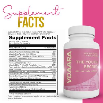 Vdaara Hair, Skin and Nails Vitamins - 5000 mcg Biotin, Collagen, Natural Vitamin C A D3 Hyaluronic Acid - Supplement for Glowing Skin, Hair Growth for Men and Women - 60 Capsules