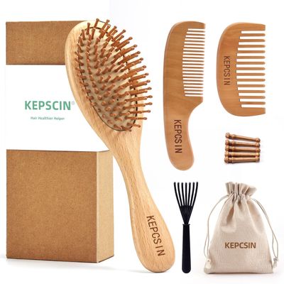 KEPCSIN 3PCS Solid Wooden Hair Brush and Small Wood Comb, Detangling Brush with Natural Bristles, Portable Scalp Massage Kit for All Hair Types, Wood Haircare Gift for WomenMen