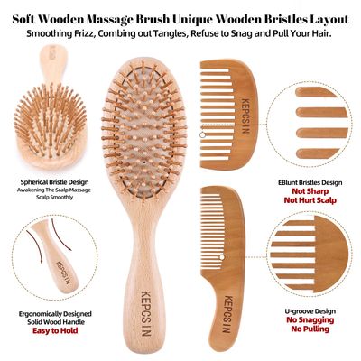KEPCSIN 3PCS Solid Wooden Hair Brush and Small Wood Comb, Detangling Brush with Natural Bristles, Portable Scalp Massage Kit for All Hair Types, Wood Haircare Gift for WomenMen