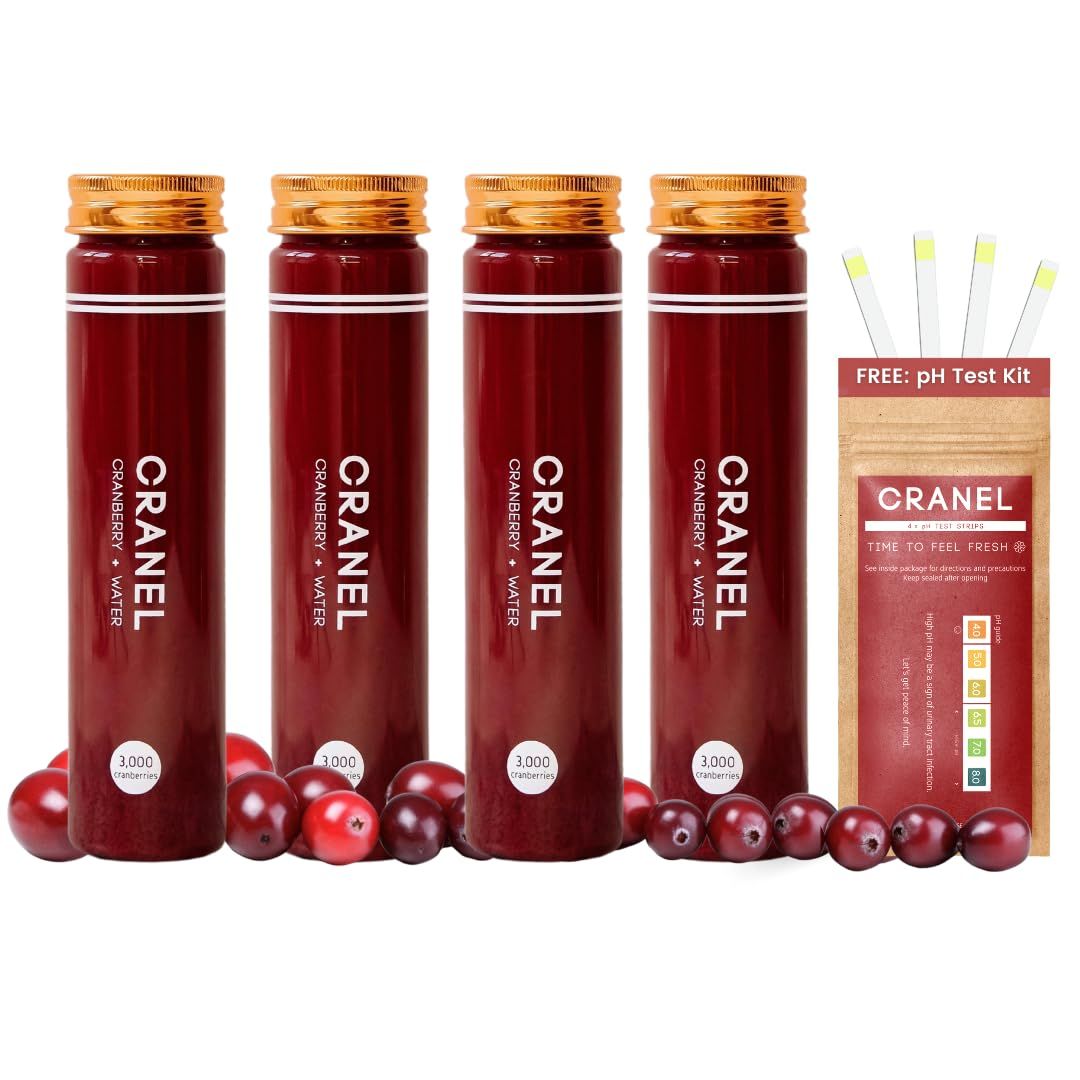 CRANEL UTI Support Cranberry Elixir, 4X Bottles (Monthly Supply) Clinically-Proven Antibiotic-Free, Packed with 3,000 Real Cranberries (Tart Taste) Vegan Non-GMO, Zero Added Sugar