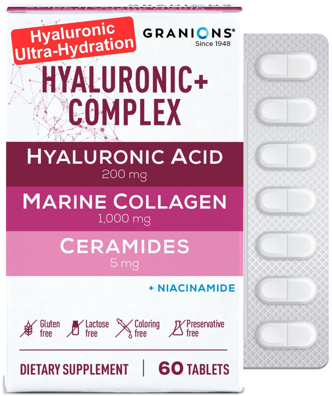 Granions Hyaluronic Acid Complex Hydrating Skin Supplement - Marine Collagen Peptides, Ceramides, Vitamin B3 Niacinamide, Hyaluronic Acid Supplements for Women and Men - 60 Foil Sealed Tablets