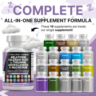 Clean Nutraceuticals Melatonin 10mg Valerian Root L Theanine 200mg Ashwagandha - Sleep Support for Women Men with Magnesium Complex, Lemon Balm, Chamomile, Passion Flower - 60 Caps