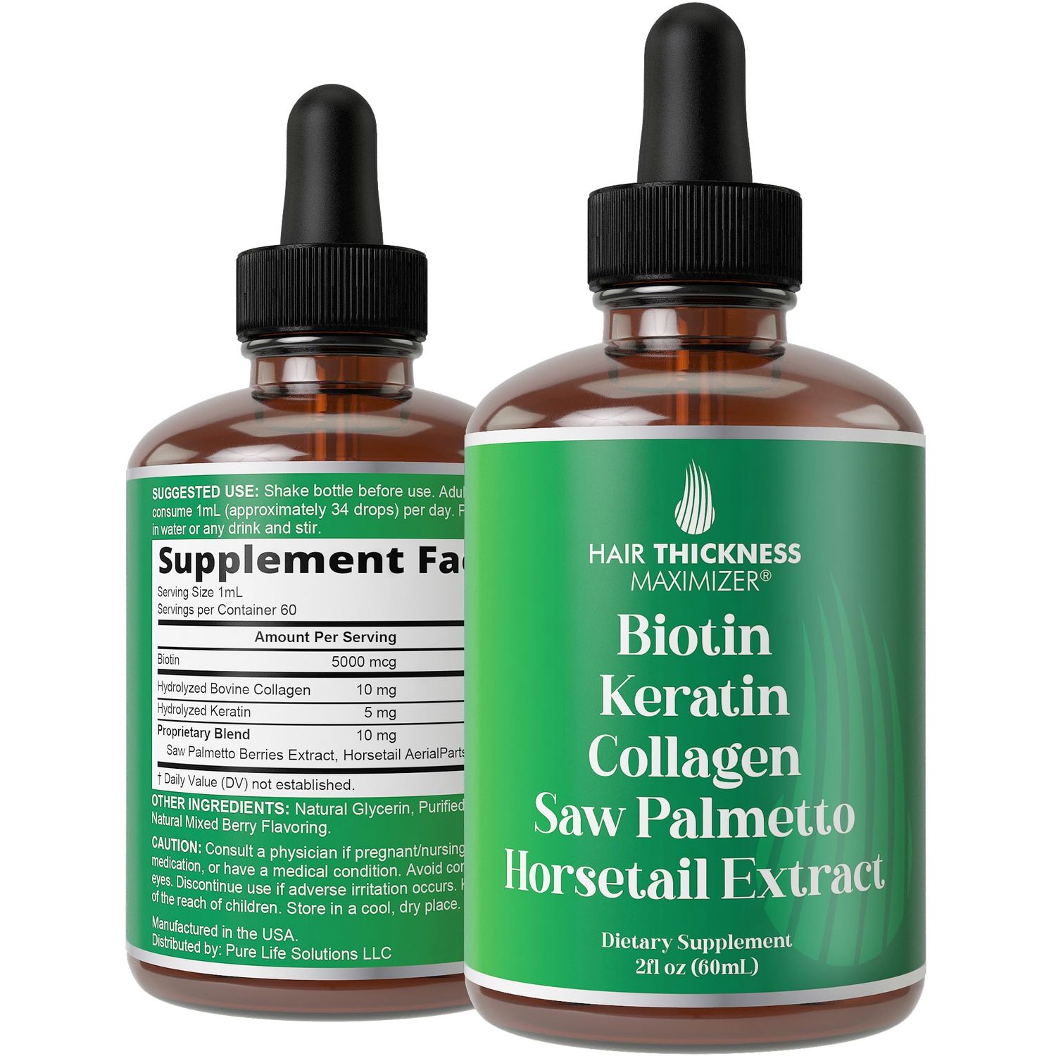 5-in-1 Liquid Drops For Hair Growth, Thickening. Pleasant Tasting Supplement with Biotin, Bovine Collagen, Hydrolyzed Keratin, Saw Palmetto, Horsetail Herb. Zero Sugar Hair Vitamins For Women, Men