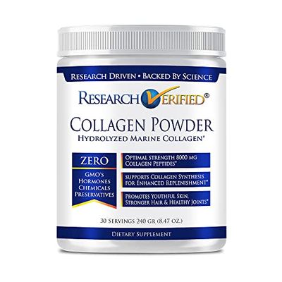 Research Verified Collagen Powder - Hydrolyzed Marine Collagen - Unflavored - Skin Hydration and Elasticity, Muscle Recovery, Non GMO - 30 Scoops Per Container - 1 Month Supply