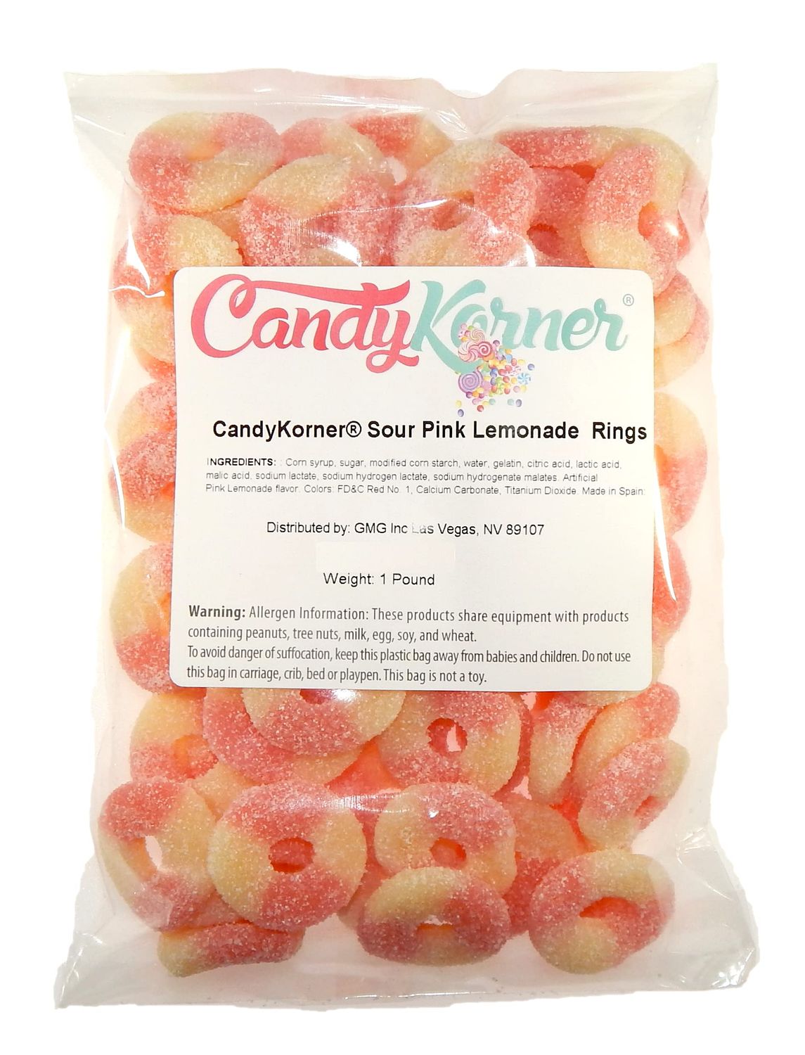 Pink Lemonade Rings - Sour Pink Lemonade Gummy Rings - Sour GummiRoos Gummi Rings Pink Lemonade 12 Pound (8 Ounce) By CandyKorner