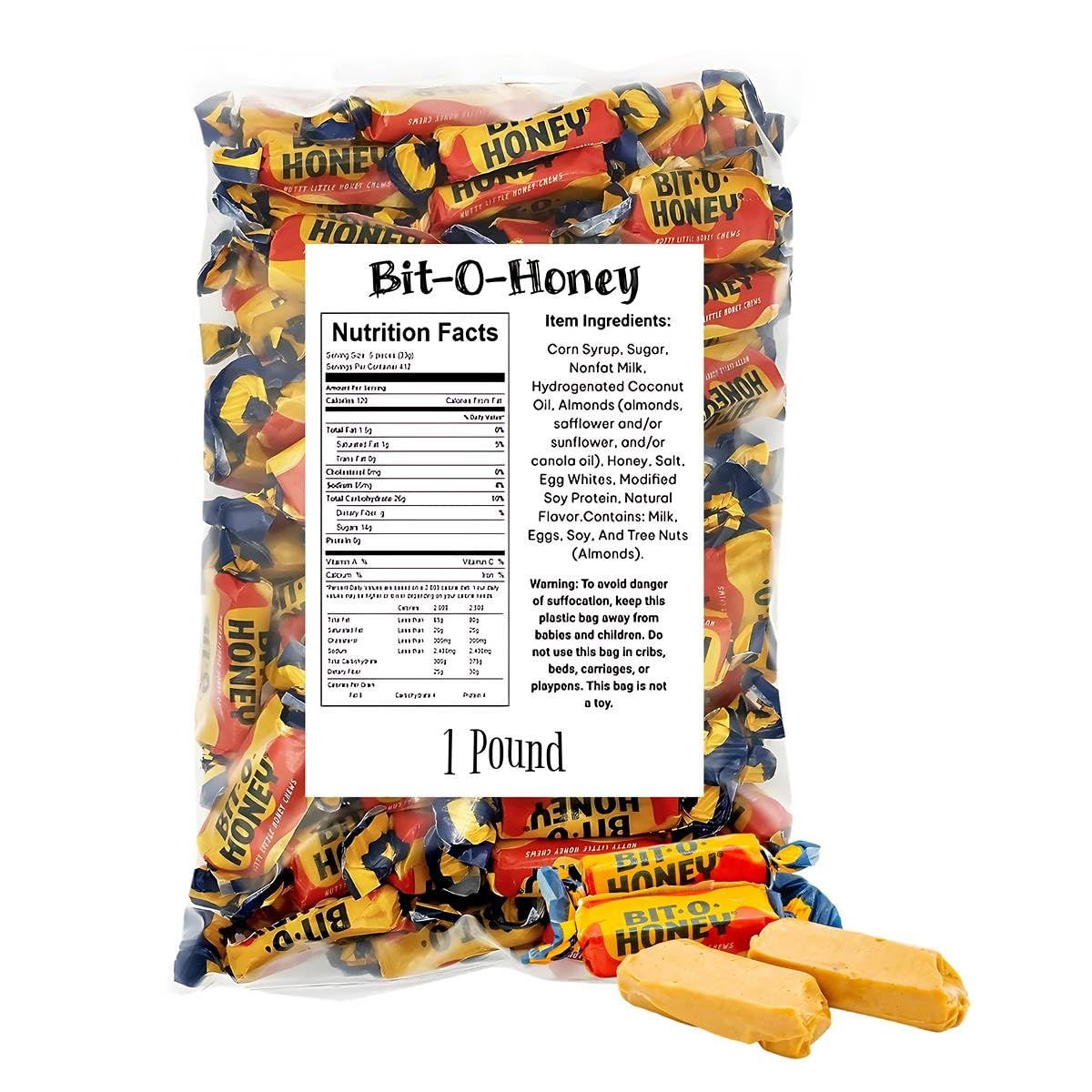 Bit-O-Honey Individually Wrapped Chewy Candy - 1 Pound Bag - Honey Flavored Taffy With Almond Bits (Approx. 67 Pieces)