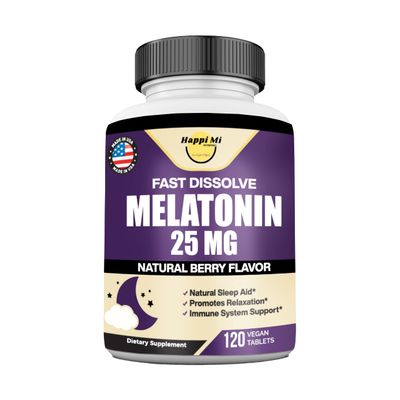 Happi Mi Nutrition Melatonin 25mg, Extra Strength with L-Theanine Vitamin B-6, Fast Dissolve Tablets, Sleep Support, Relaxation, Restful Sleep, Drug Free, Natural Berry Flavor, 120 Chewable Tablets