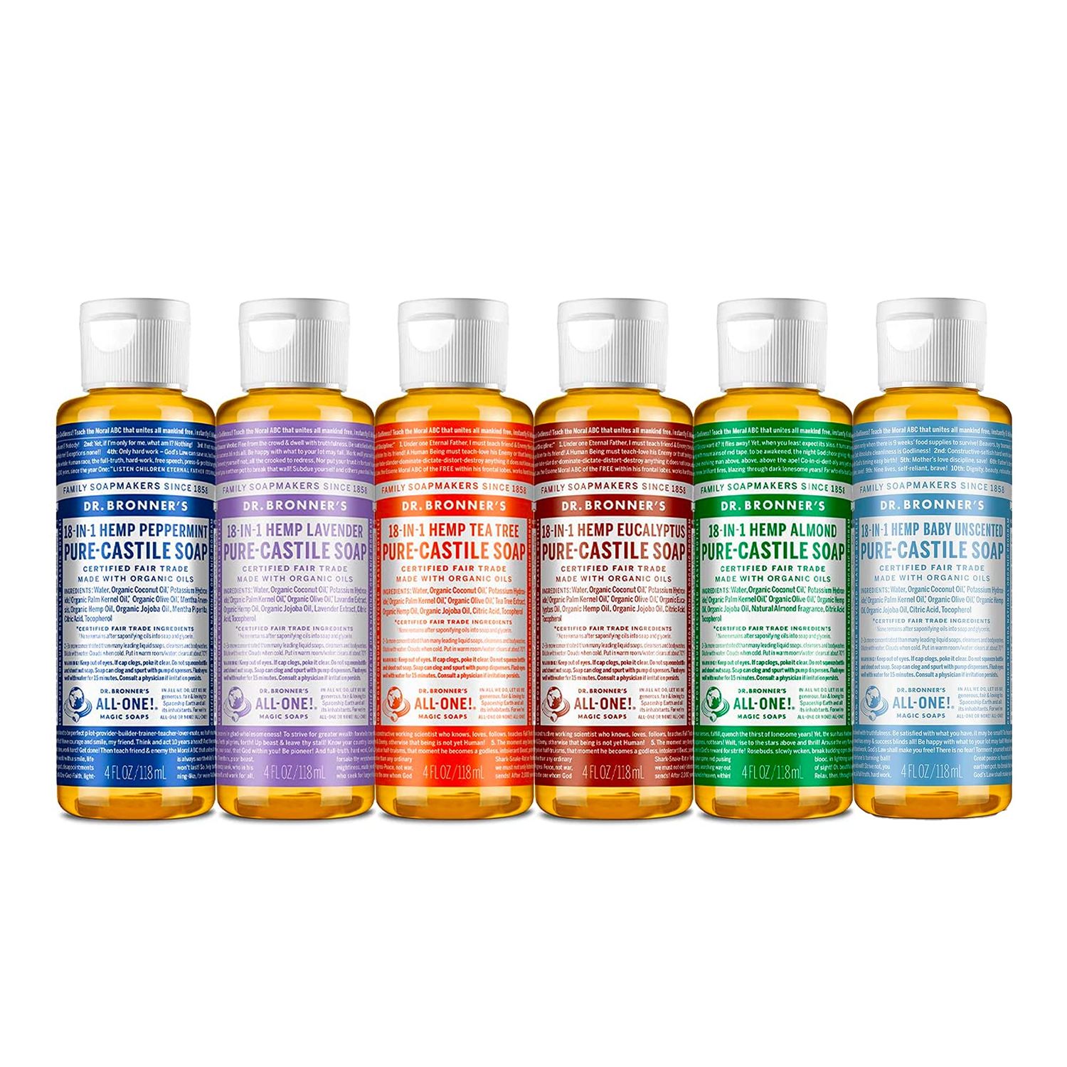 Dr. Bronner&#39;s - Pure-Castile Liquid Soap (4 oz Variety Pack) Peppermint, Lavender, Tea Tree, Eucalyptus, Almond, Baby Unscented - 18-in-1 Uses