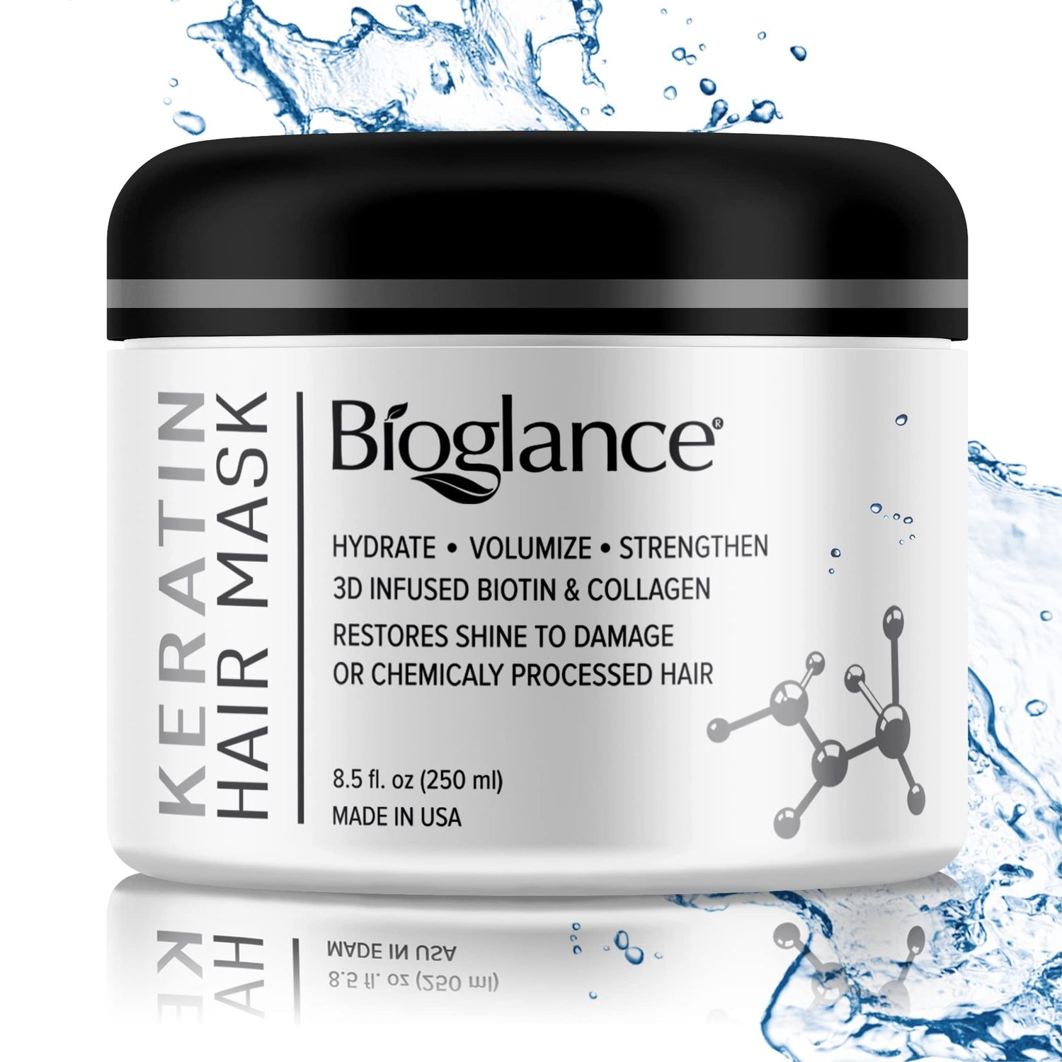 Bioglance Keratin Hair Mask Quick Repair Restore Shine Volume Efficient Formula with Biotin Collagen Hydrates Volumizes Strengthens Made in USA