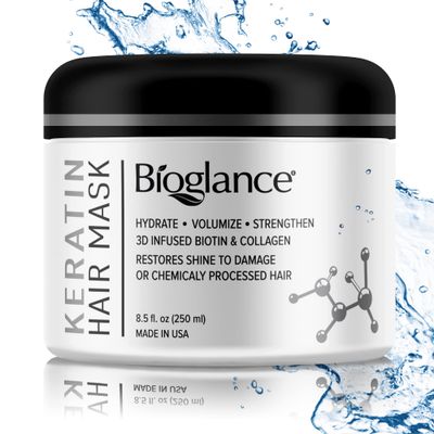 Bioglance Keratin Hair Mask Quick Repair Restore Shine Volume Efficient Formula with Biotin Collagen Hydrates Volumizes Strengthens Made in USA