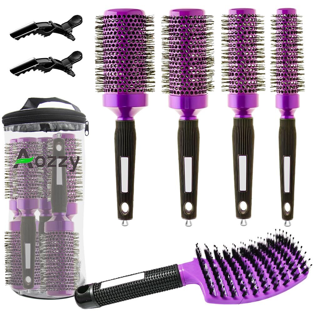 Aozzy 5pcs Blow-Drying Round Hair Brush Set - Ceramic, Boar Bristle Brush for Women - Thermal Barrel Brush Set, Styling Roller Brush for Shiny, Smooth and Bouncy Hair