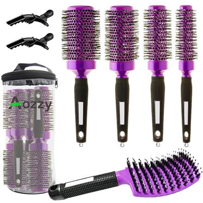 Aozzy 5pcs Blow-Drying Round Hair Brush Set - Ceramic, Boar Bristle Brush for Women - Thermal Barrel Brush Set, Styling Roller Brush for Shiny, Smooth and Bouncy Hair