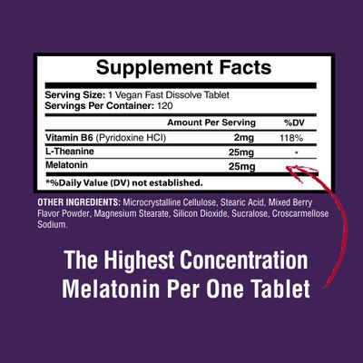 Happi Mi Nutrition Melatonin 25mg, Extra Strength with L-Theanine Vitamin B-6, Fast Dissolve Tablets, Sleep Support, Relaxation, Restful Sleep, Drug Free, Natural Berry Flavor, 120 Chewable Tablets