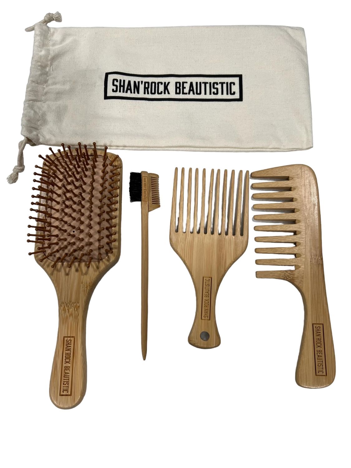 SHAN&#39;ROCK BEAUTISTIC 4pc Eco-Friendly Bamboo Wide-Tooth Comb,Paddle Detangling Brush, Pick and Edge Brush Set for Thick, Curly, Straight, Wavy, Dry and Fine Hair