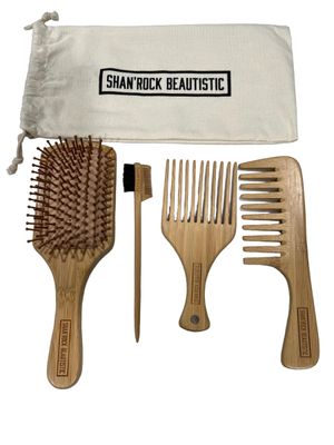 SHAN&#39;ROCK BEAUTISTIC 4pc Eco-Friendly Bamboo Wide-Tooth Comb,Paddle Detangling Brush, Pick and Edge Brush Set for Thick, Curly, Straight, Wavy, Dry and Fine Hair