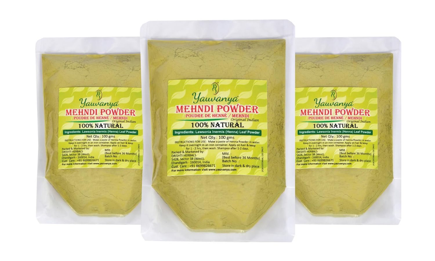 Yauvanya Original Indian Rajasthani Pure and Natural Henna (Mehndi) for Hair Natural hair color No chemical - 300 gms (3 Packets of 100 gms each)