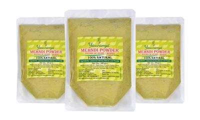 Yauvanya Original Indian Rajasthani Pure and Natural Henna (Mehndi) for Hair Natural hair color No chemical - 300 gms (3 Packets of 100 gms each)