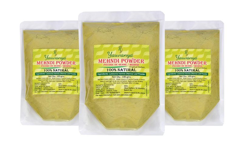 Yauvanya Original Indian Rajasthani Pure and Natural Henna (Mehndi) for Hair Natural hair color No chemical - 300 gms (3 Packets of 100 gms each)