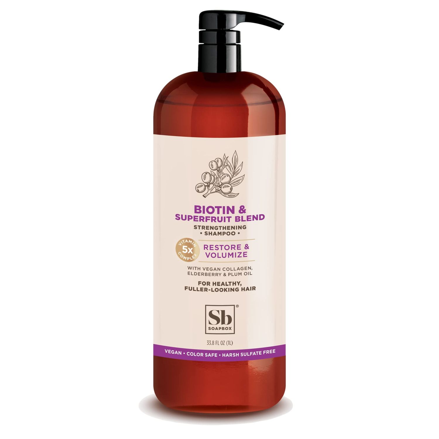 Soapbox Biotin Shampoo, Biotin Collagen Super Fruit Shampoo for Thin, Fine, Thinning Hair Volumizing Repairing to Promote Hair Growth, Strength, Fullness, 1 Liter Pump Bottle
