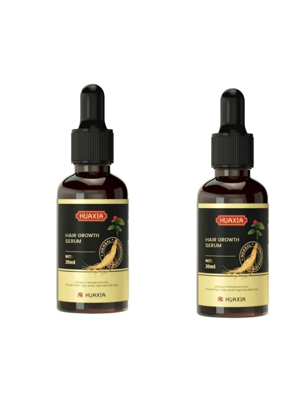 Natural Organic Ginseng Herbal Hair Growth Serum with Radix Polygoni, Ulmus Root, Black Sesame, Persimmon, Ginger, Angelica, Ginseng Root, Sidebark Leaves and Dry Gold Lotus, 1 oz (30ml) (Pack of 2)