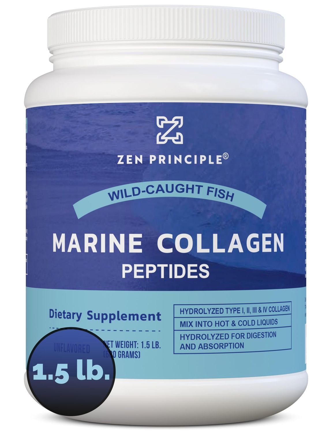 Zen Principle Marine Collagen Peptides Powder 1.5 lb. Wild-Caught Fish, Non-GMO. Supports Healthy Skin, Hair, Joints and Bones.Hydrolyzed Type 1 3 Protein. Amino Acids.Unflavored, Easy to Mix.