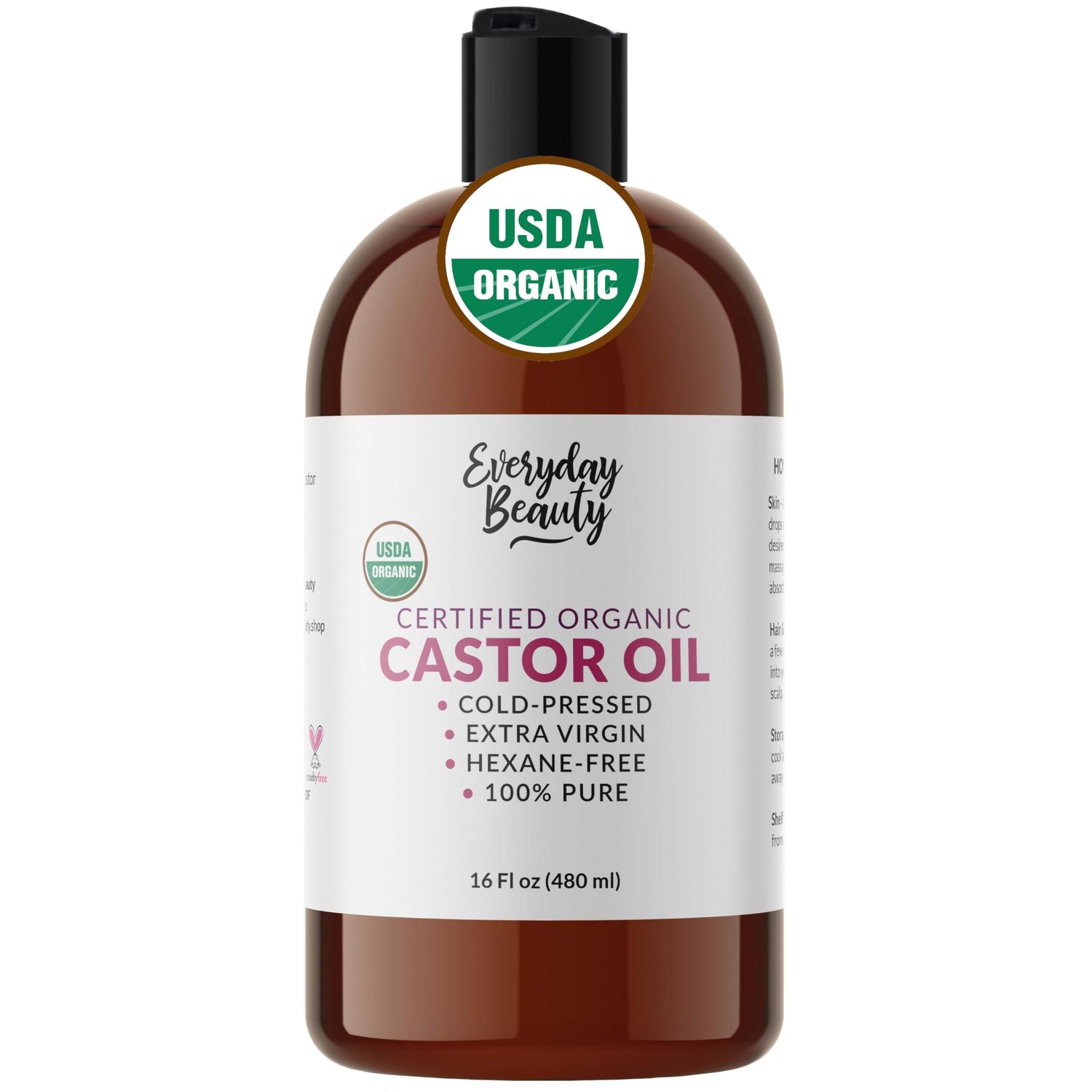 Organic Castor Oil - 100 Pure Certified USDA Organic, Cold Pressed Hexane-Free, For Eyelashes, Eyebrows, Hair, Skin Wellness Packs -16 Fl Oz