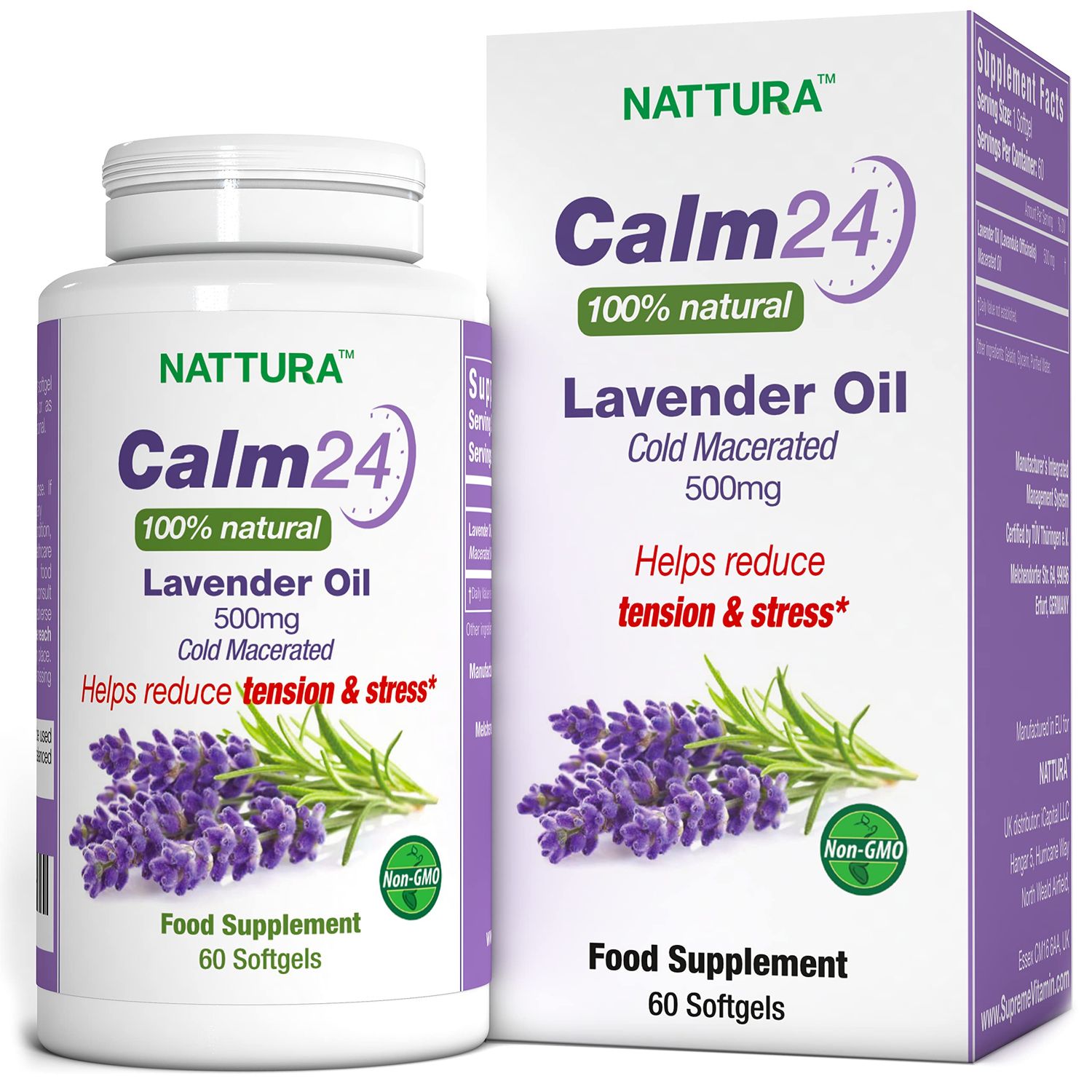 Nattura Calm Aid Lavender Oil Pills - 500mg - 60 Softgels - 100 Natural, Helps Reduce Stress, Calming for Body Mind, Non-GMO, Certified Kosher