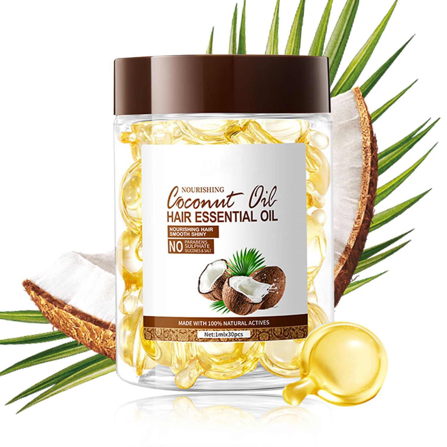 30PCS Hair Serum Oil Capsules, Moisturizing Hair Serum for Frizzy, Dry and Damaged Hair, Smooth, Non-greasy, Refreshing Long Lasting Nourishing Hair Oil for WomenCoconut Oil