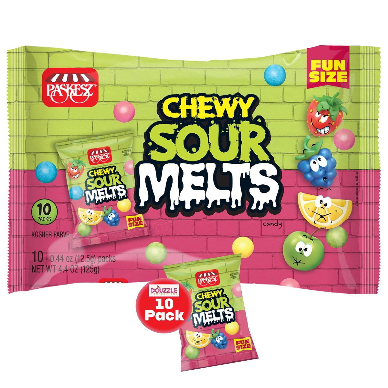 DOUzzle Chewy Sour Melts Candy Fun Size (10 Count, Pack of 1) Individually Wrapped Candies, Birthday Party Favors, Goodie Bags Stuffers, Pinata Filler - Kosher Parve