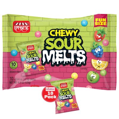 DOUzzle Chewy Sour Melts Candy Fun Size (10 Count, Pack of 1) Individually Wrapped Candies, Birthday Party Favors, Goodie Bags Stuffers, Pinata Filler - Kosher Parve