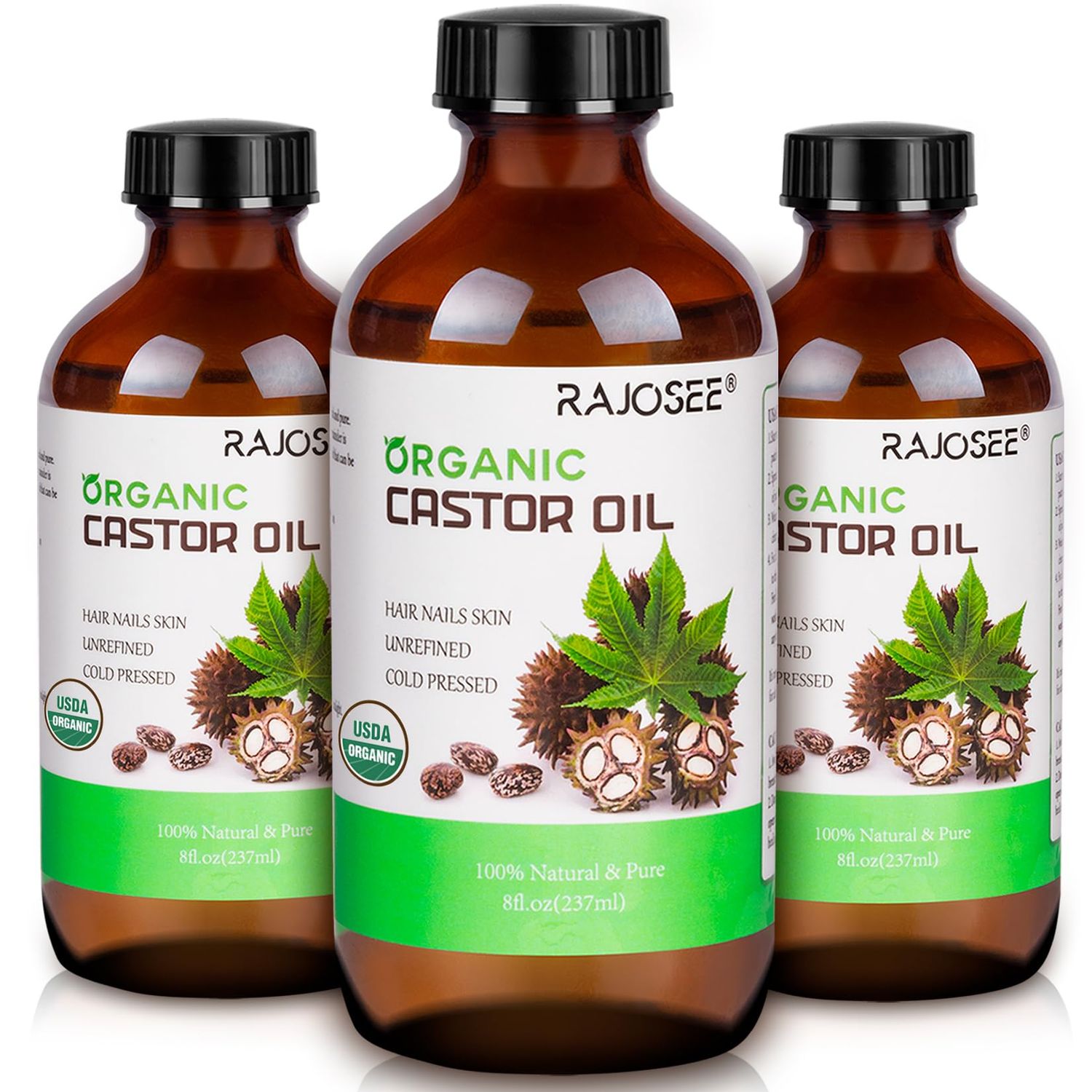 RAJOSEE 3 Pcs Certified Organic Castor Oil, Natural Massage Oil Cold Pressed in Glass Bottle, for Hair Growth, Eyelashes, Eyebrows, Lash Serum, Hexane Free, 8 oz Per Bottle