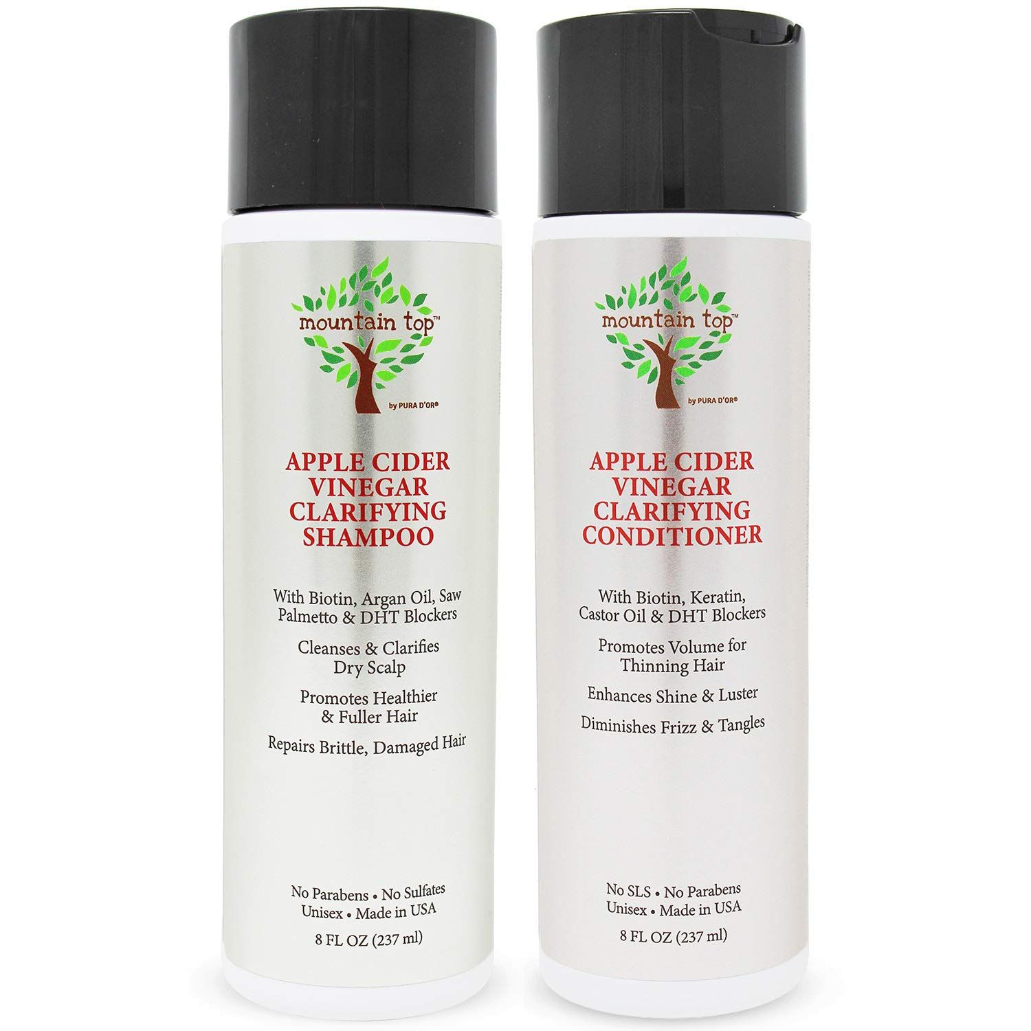 MOUNTAIN TOP Apple Cider Vinegar ACV Shampoo Conditioner Set (2 x 8oz) with Biotin, Castor Oil - Fuller Thicker Hair, Reduced Frizz, Split Ends - Paraben, Sulfate Free, All Hair Types, Men Women
