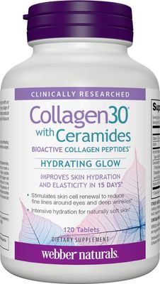 Webber Naturals Collagen30 with Ceramides, Bioactive Collagen Peptides, 120 Tablets, Hydrating Glow, Helps Improve Skin Hydration, Elasticity Smoothness, Non GMO, Dairy Gluten Free