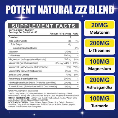 Melatonin 20mg Gummies for Adults - Sugar Free Melatonin Gummies Extra Strength with L-Theanine, Magnesium, Ashwagandha, Turmeric, D3 Zinc - Non-Habit Forming
