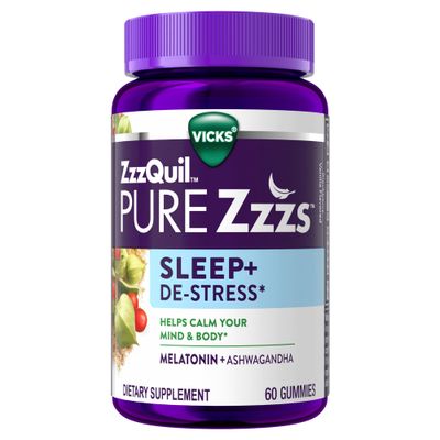 ZzzQuil PURE Zzzs De-Stress Gummy, Melatonin Gummies, Sleep Aid, Melatonin 2mg, Ashwagandha for Stress Support, Melatonin Sleep Gummies, Sleep Aids for Adults, 60 Sleep Gummies