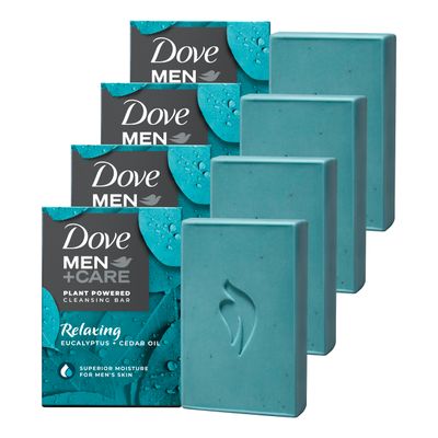 DOVE MEN CARE Cleansing Bar Soap Eucalyptus Cedar Oil 4 Count to Rebuild Skin in the Shower, a 4in1 Hair, Body, Face Shaving Bar with Plant-Based Cleanser and Natural Oils 5 oz