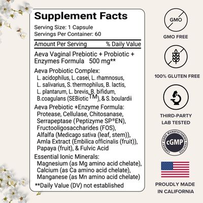 Aeva Vaginal Microbiome Support - Probiotics Prebiotics with Enzymes Fulvic Acid - Supports Vaginal Health, Yeast Balance, Candida Gut Wellness - Functional Medicine Formula - Made in California