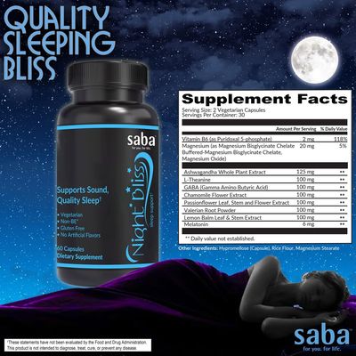 Saba Night Bliss Natural Sleep Aid Non-Habit Forming Sleep Supplement for Longer Sleep Stress Relief wMagnesium, Melatonin, GABA, Chamomile, Valerian (60 Vegan Capsules, 30 Day Supply)