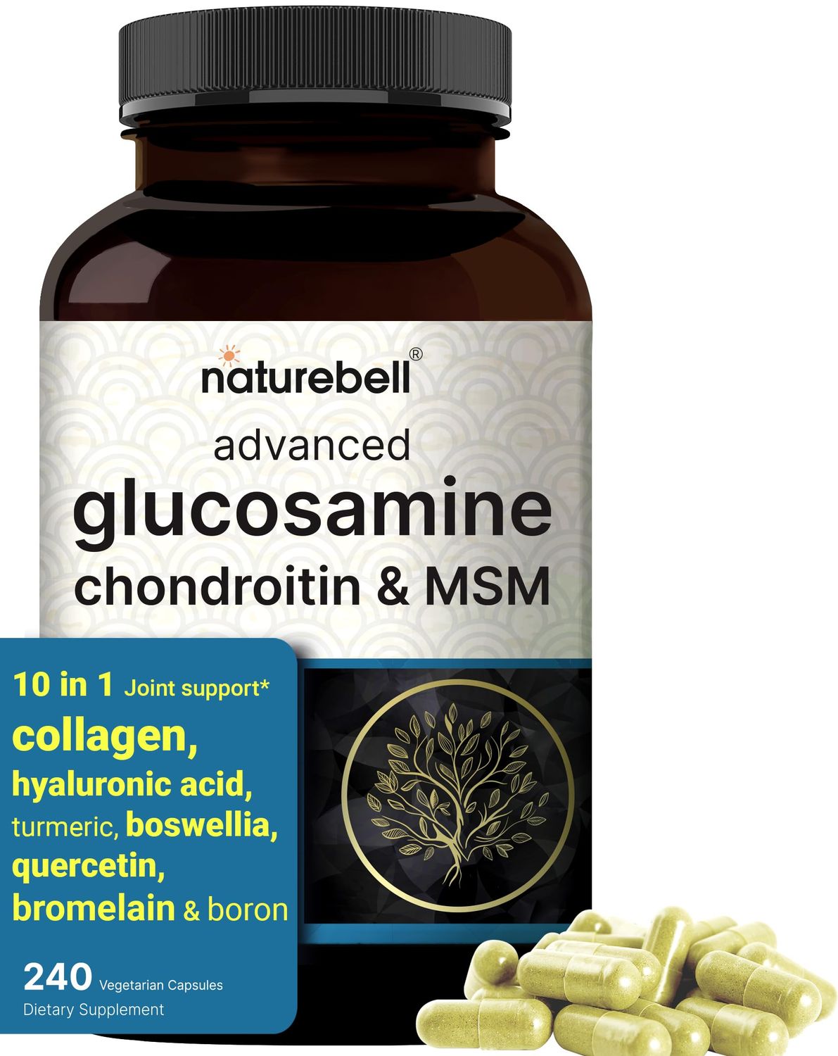 Glucosamine Chondroitin MSM Supplement, 240 Capsules 10-in-1 Joint Supplements for Men Women - with Hyaluronic Acid, Collagen, Glucosamine Sulfate, Turmeric, Boswellia, More - Non-GMO