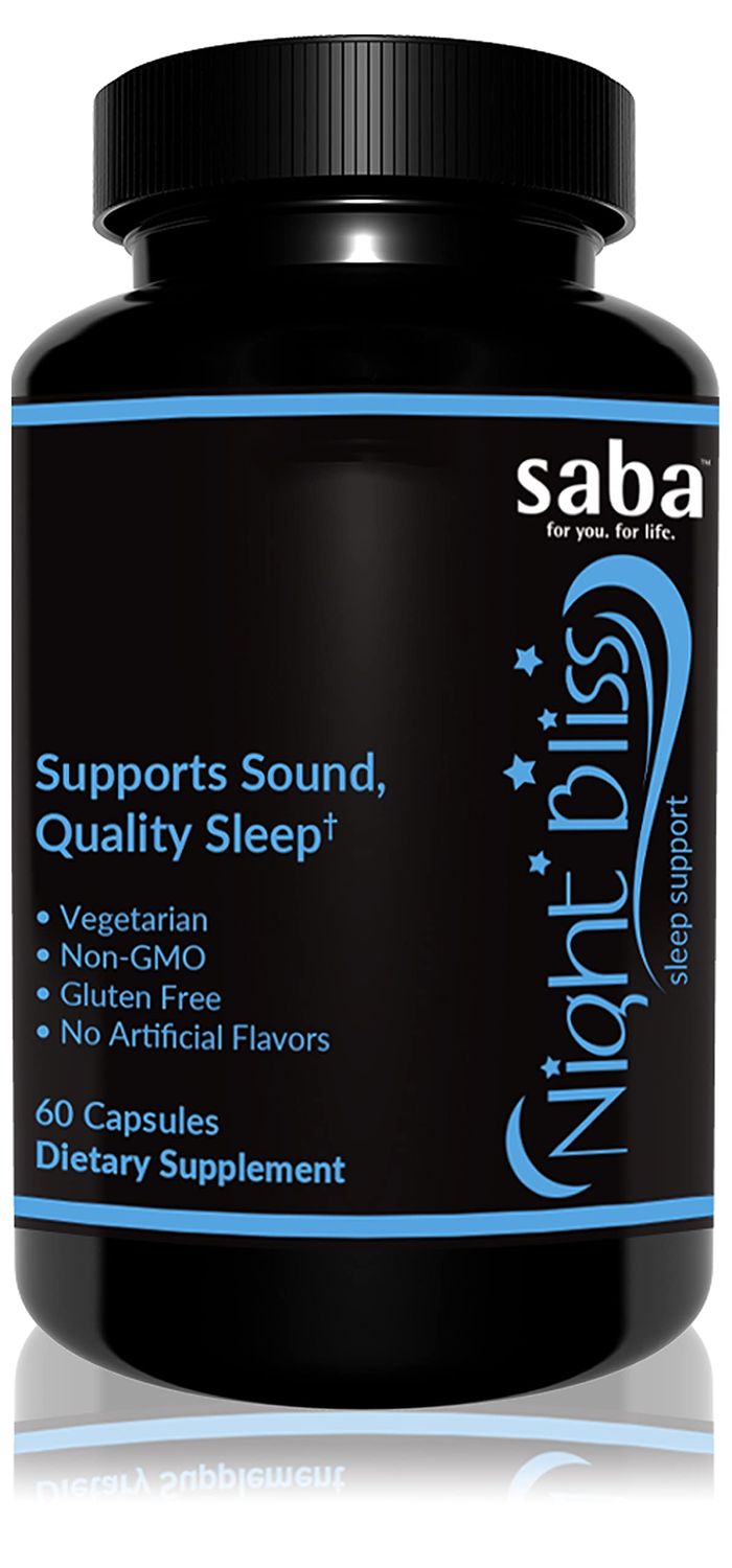 Saba Night Bliss Natural Sleep Aid Non-Habit Forming Sleep Supplement for Longer Sleep Stress Relief wMagnesium, Melatonin, GABA, Chamomile, Valerian (60 Vegan Capsules, 30 Day Supply)