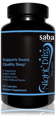 Saba Night Bliss Natural Sleep Aid Non-Habit Forming Sleep Supplement for Longer Sleep Stress Relief wMagnesium, Melatonin, GABA, Chamomile, Valerian (60 Vegan Capsules, 30 Day Supply)