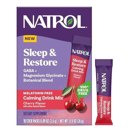 Natrol Sleep Restore Calming Drink Mix with Magnesium Glycinate, Magnesium Sleep Aid, Melatonin-Free, Cherry, 10 Stick Packs