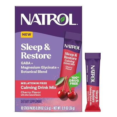 Natrol Sleep Restore Calming Drink Mix with Magnesium Glycinate, Magnesium Sleep Aid, Melatonin-Free, Cherry, 10 Stick Packs