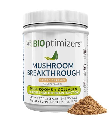 BIOptimizers Mushroom Coffee Alternative - Salted Caramel Drink - Lions Mane, Chaga, Reishi Collagen Peptides for Focus, Energy Gut Health - Adaptogenic Mushrooms MCT Powder - 30 Servings