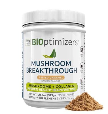 BIOptimizers Mushroom Coffee Alternative - Salted Caramel Drink - Lions Mane, Chaga, Reishi Collagen Peptides for Focus, Energy Gut Health - Adaptogenic Mushrooms MCT Powder - 30 Servings