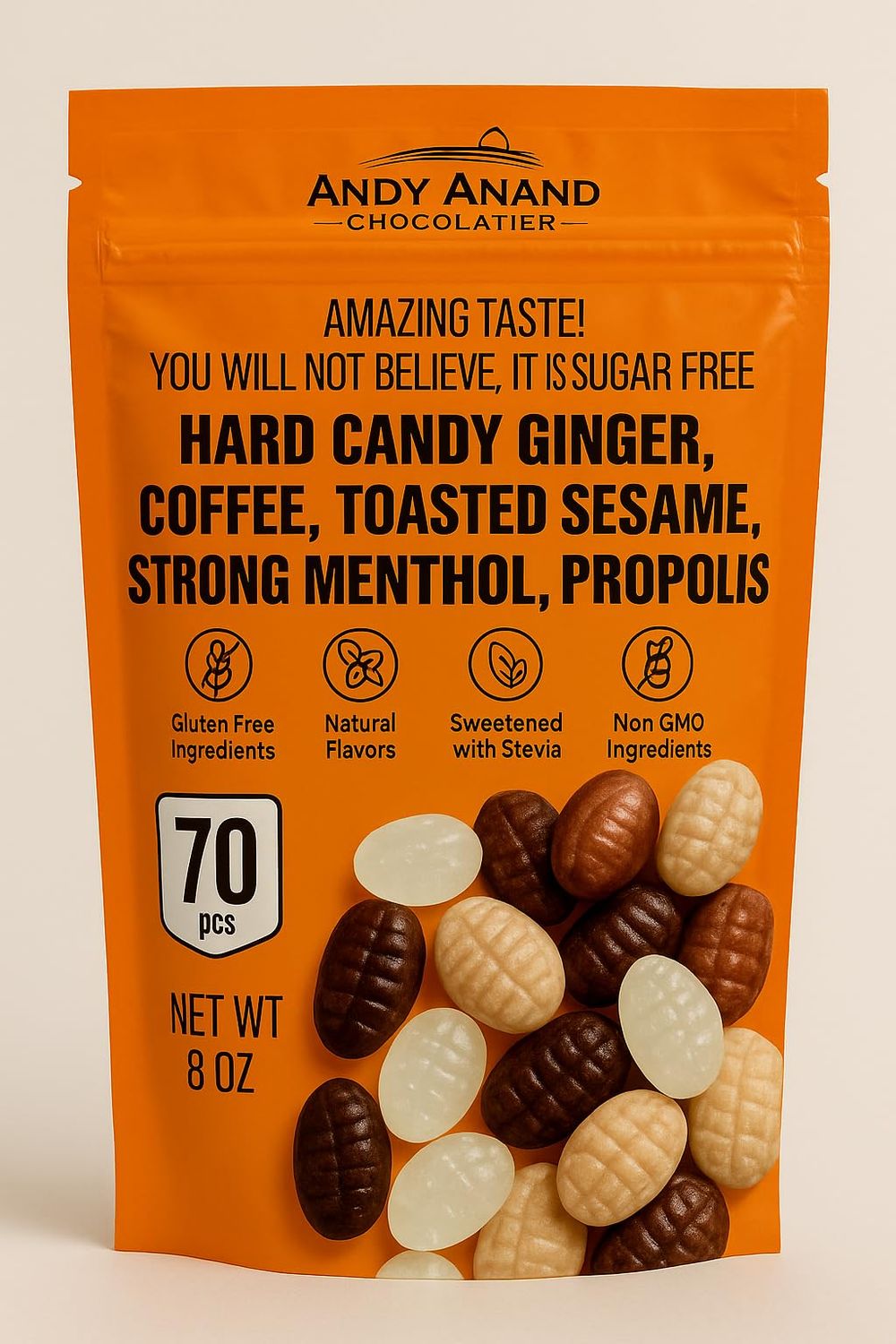 Andy Anand Sugar Free Hard Candy Variety Pack - Ginger, Coffee, Toasted Sesame, Menthol, Propolis - 7 oz - Stevia Sweetened - Gluten-Free - Ideal Sugar Free Candy for Diabetics - 85 Ct